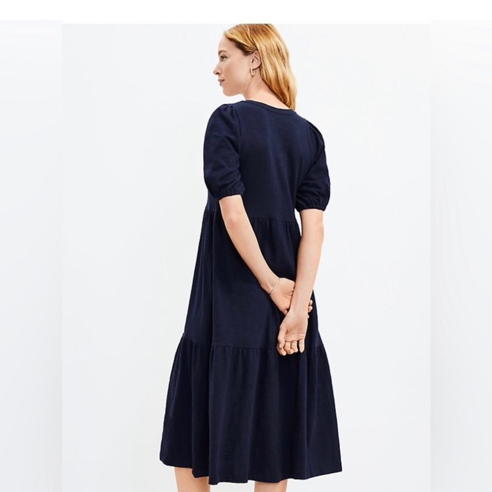LOFT XL puff sleeve tiered midi dress - 100% cotton navy blue